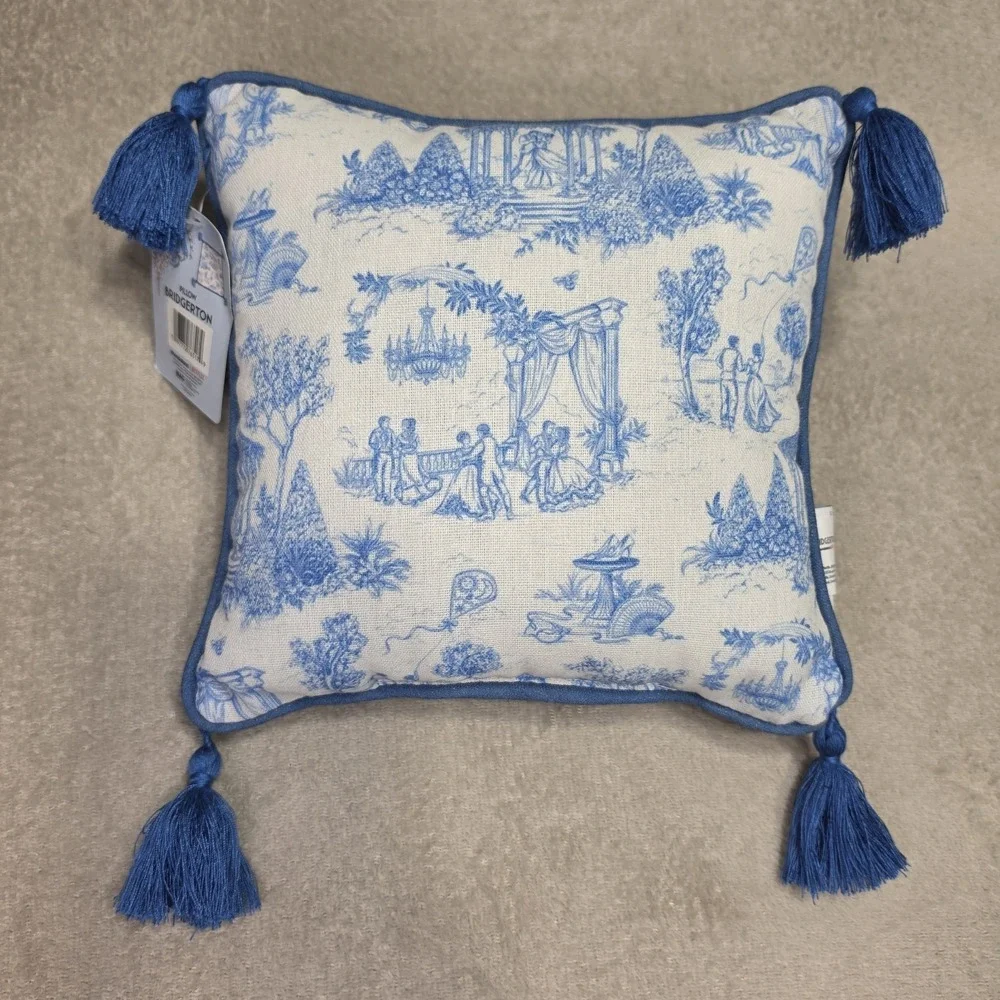 Bridgerton Toile Throw Pillow Blue White Garden Tassel Cushion 10